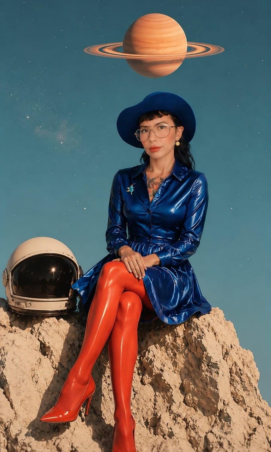 Kübra Sapmaz kayalık bir zeminde otururken; arkasında Satürn ve bir astronot kaskı — kurgusal portre serisinden