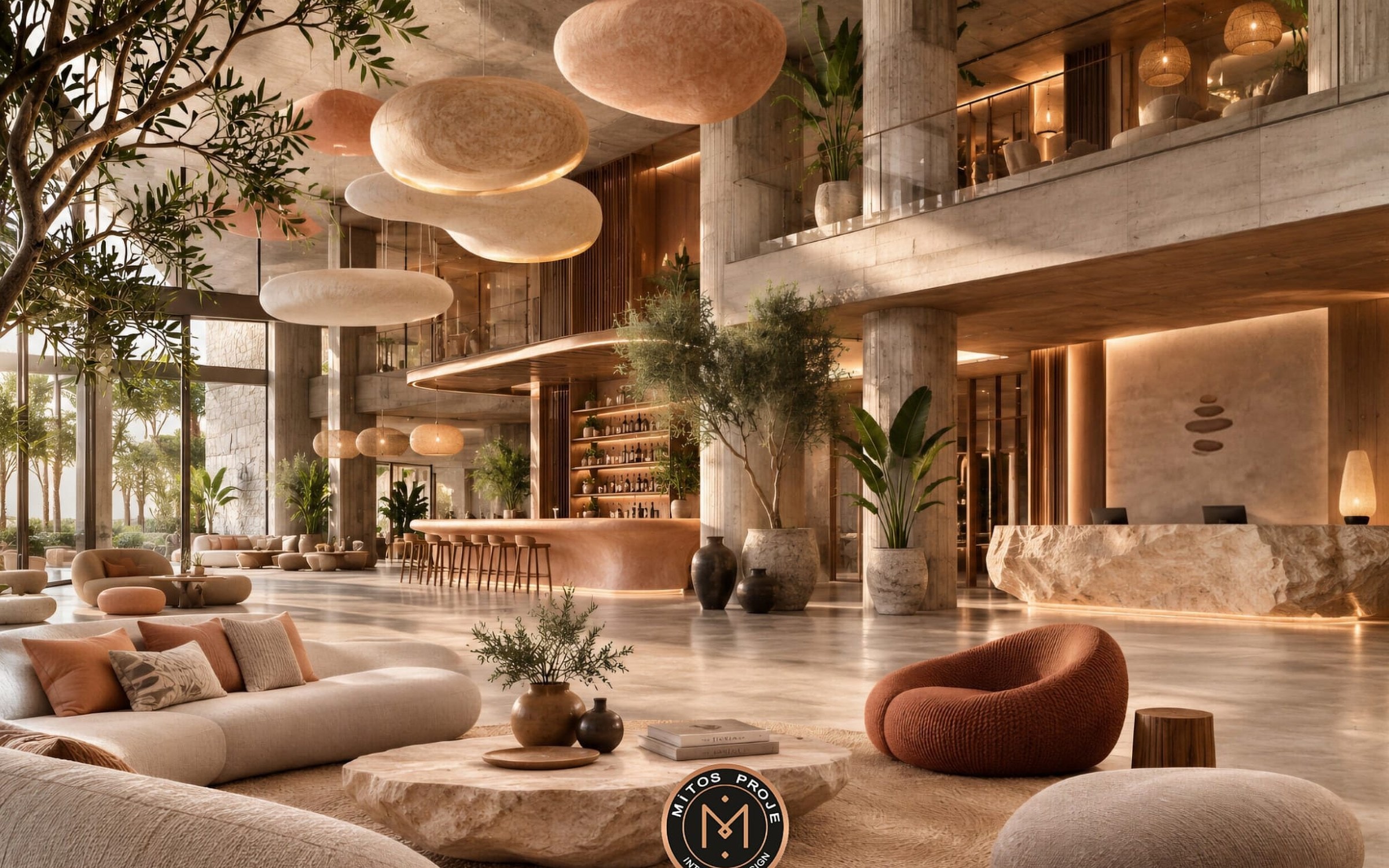 Mitos Proje imzalı otel ortak alanı: heykelsi sarkıtlar, ham taş yüzeyler ve iç mekâna alınmış zeytin ağaçları