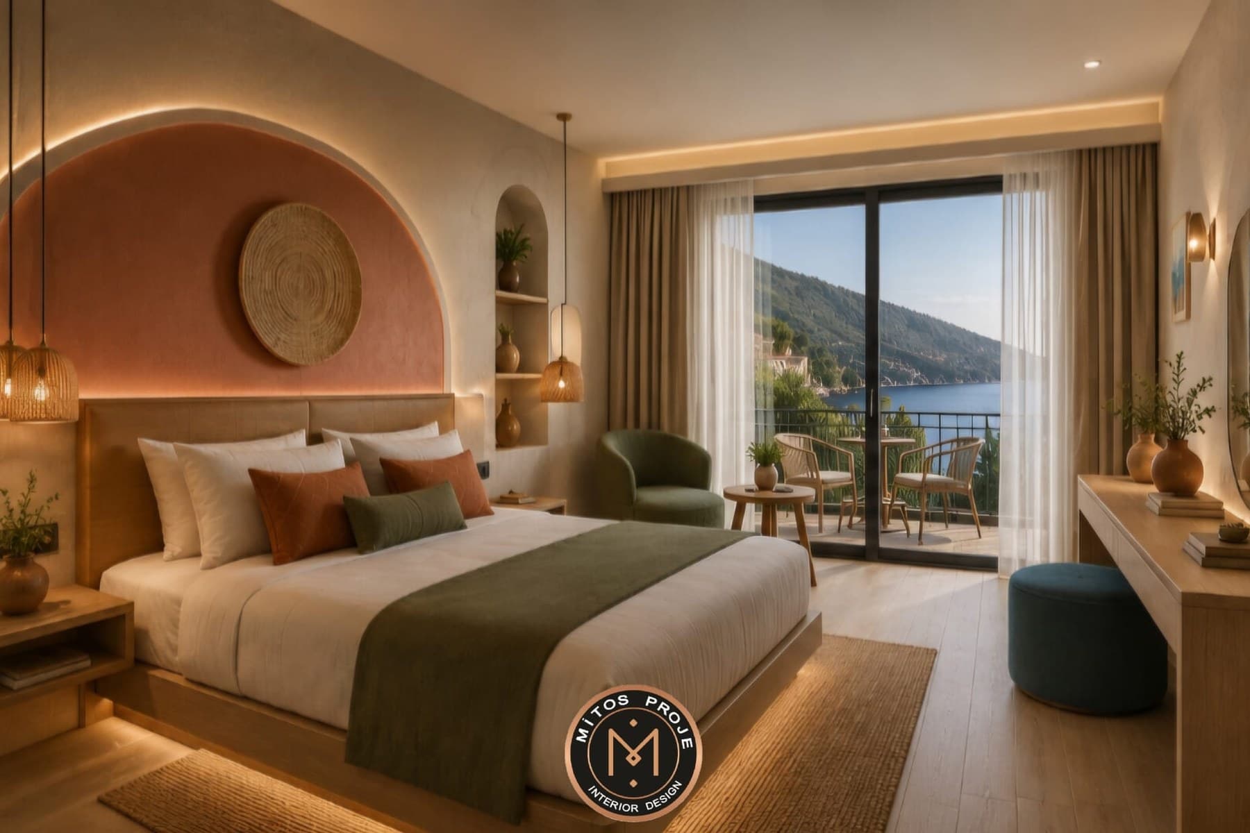 Kemerli terrakota yatak başı, yeşil tekstiller ve denize bakan geniş cepheli otel süiti